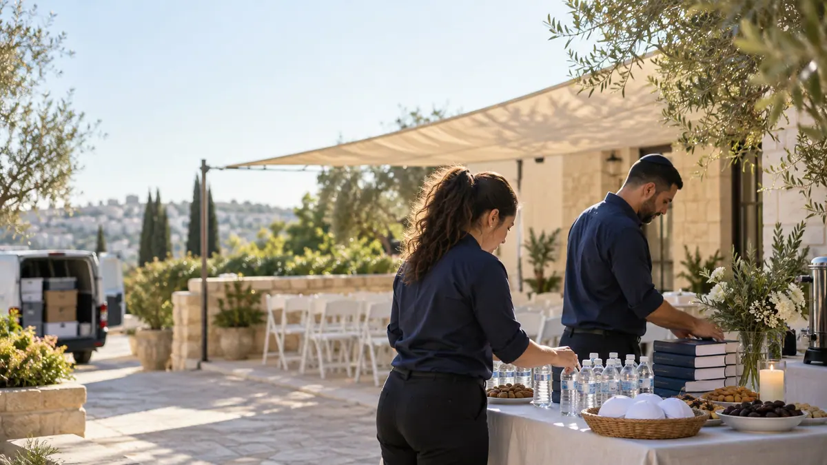 שני אנשי צוות בחולצות כחולות מסדרים שולחן לבן עם בקבוקי מים, סל כיפות, ספרי תפילה, תמרים ונר, על מרפסת אבן מוצלת מול נוף גבעות