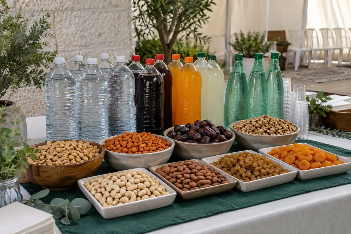 שולחן כיבוד עם בקבוקי מים, שתייה קלה וסודה, קערות פיצוחים ותמרים, ומגשי קשיו, שקדים, צימוקים ומשמש מיובש
