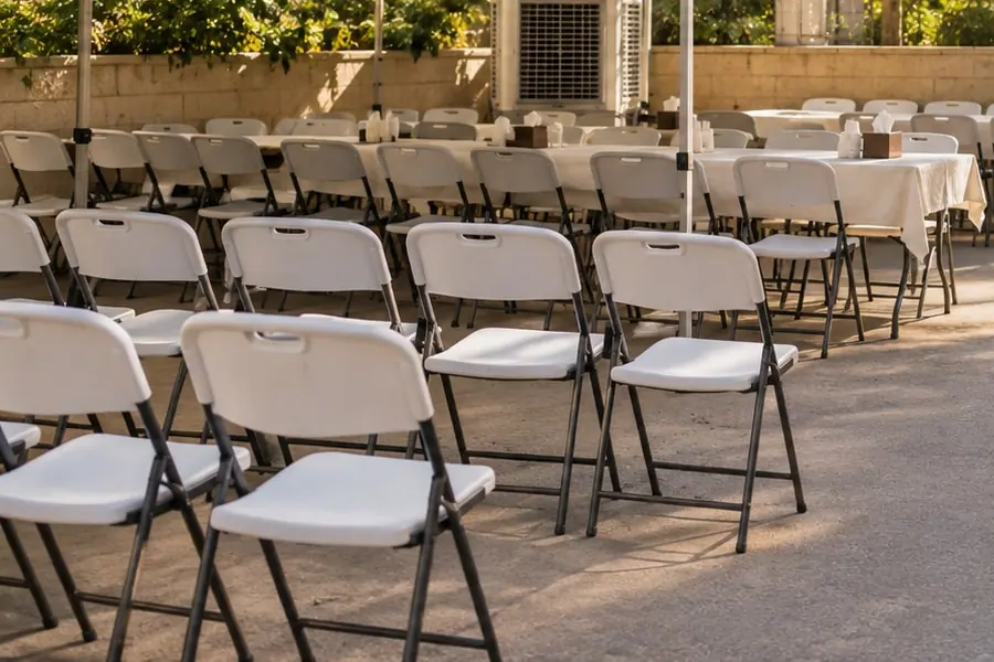 שורות כיסאות מתקפלים לבנים ושולחנות ארוכים עם מפות לבנות, מסודרים בחצר